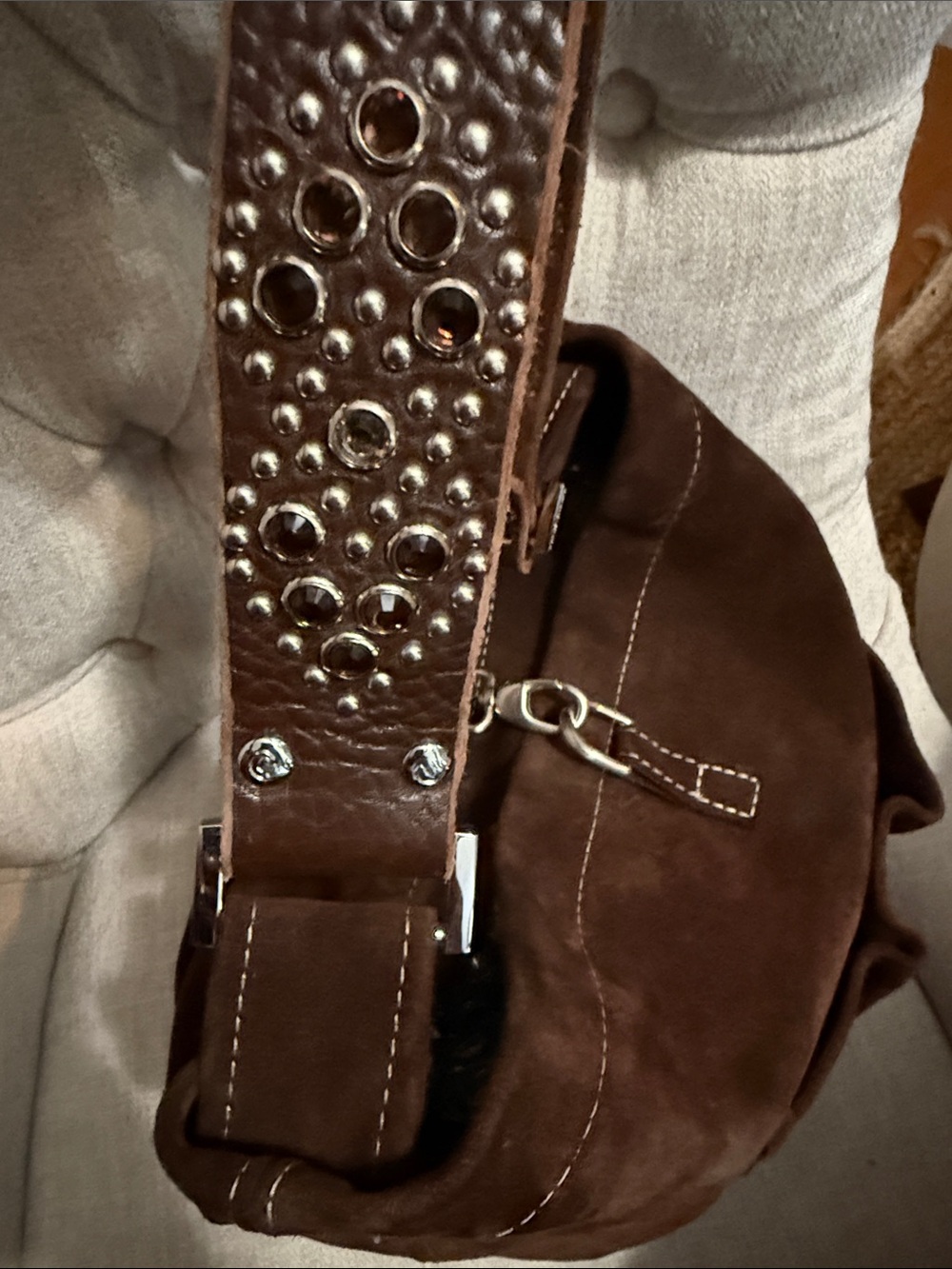 Tylie Malibu Dark Brown Suede Shoulder Bag with Leather Studded Strap - Picture 6 of 14